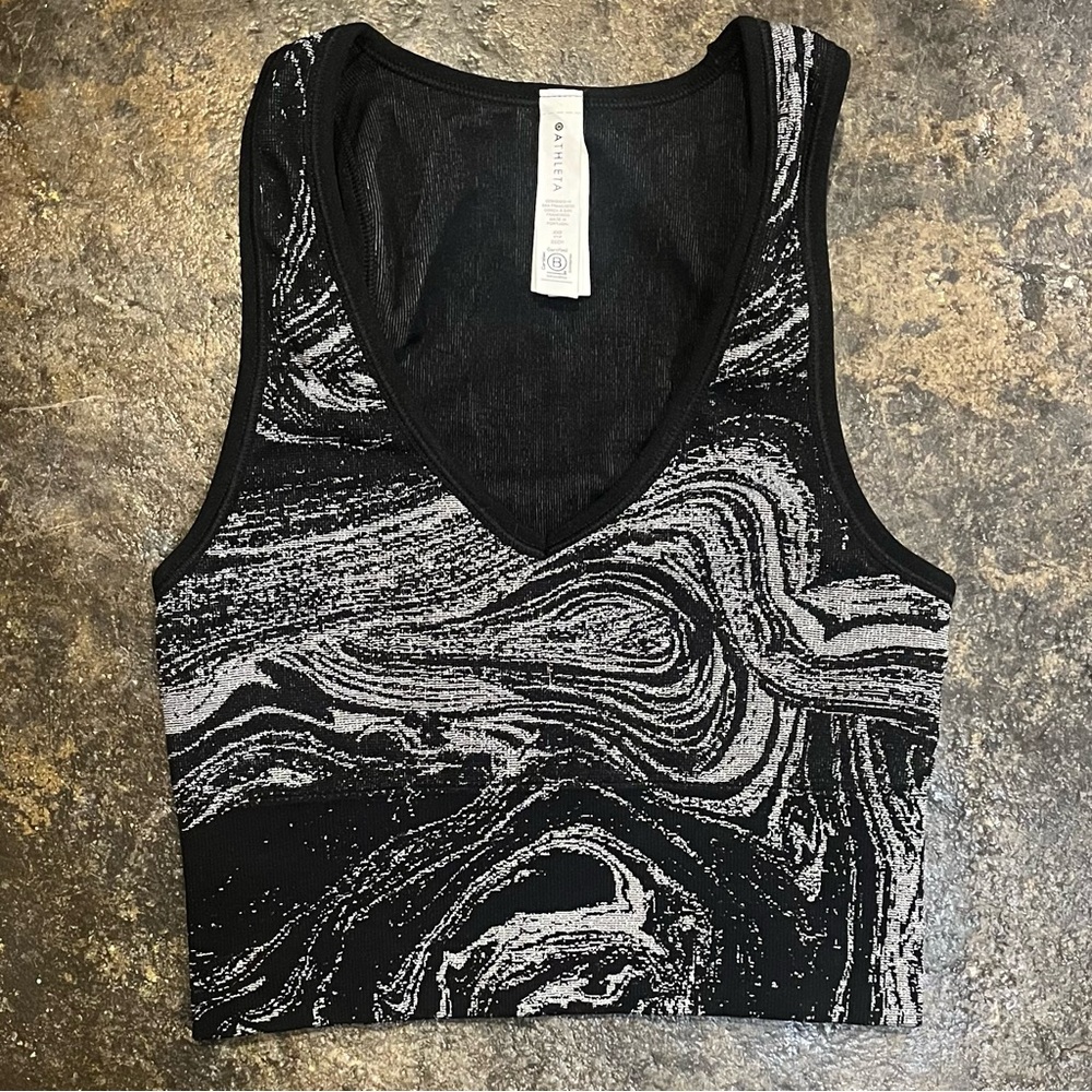Athleta Aurora Seamless Shine Crop Rib Tank Bra Black Silver Sparkle Marble XXS